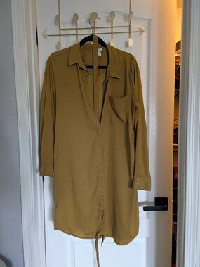 Daily Ritual Mustard Gold Long Sleeve Button-Down Shirt Dress with Tie Belt – L